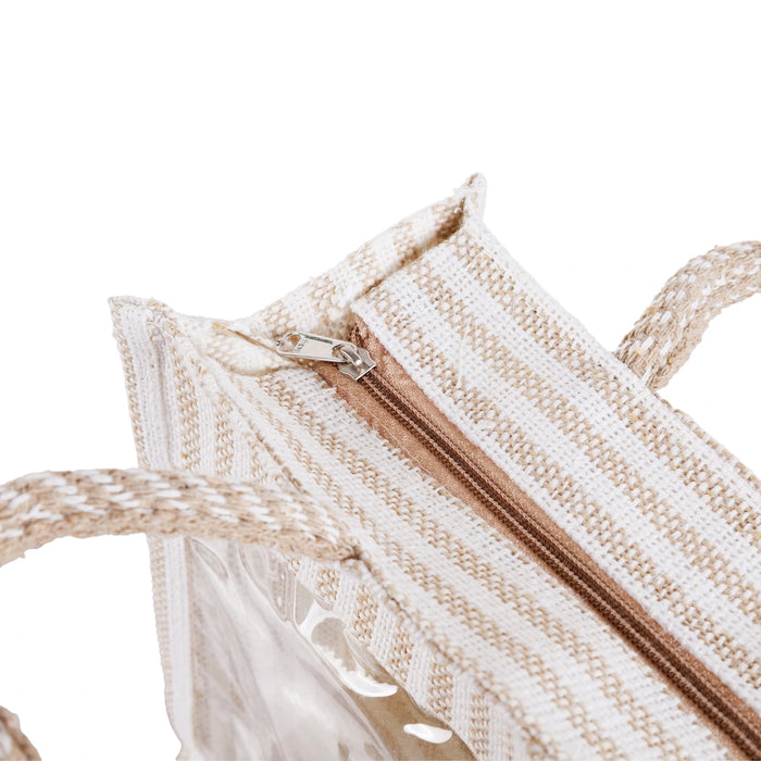 Jute Bag With Zip - 8 x 10 Inches | Transparent Cover Gift Bag/ White Stripes Design Jute Handbag for Return Gift - Bags & Pouches
