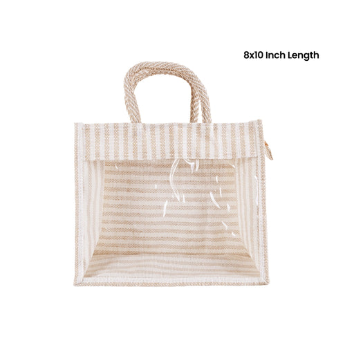 Jute Bag With Zip - 8 x 10 Inches | Transparent Cover Gift Bag/ White Stripes Design Jute Handbag for Return Gift - Bags & Pouches