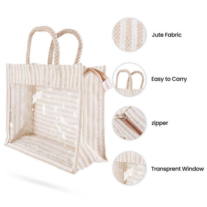Jute Bag With Zip - 12 x 10 Inches | Transparent Cover Gift Bag/ White Stripes Design Jute Handbag for Wedding - Bags & Pouches