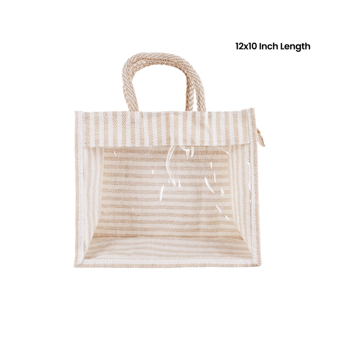 Jute Bag With Zip - 12 x 10 Inches | Transparent Cover Gift Bag/ White Stripes Design Jute Handbag for Wedding - Bags & Pouches