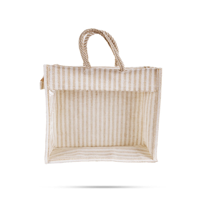 Jute Bag With Zip - 12 x 14 Inches | Transparent Cover Gift Bag/ White Stripes Design Jute Handbag for Wedding - Bags & Pouches