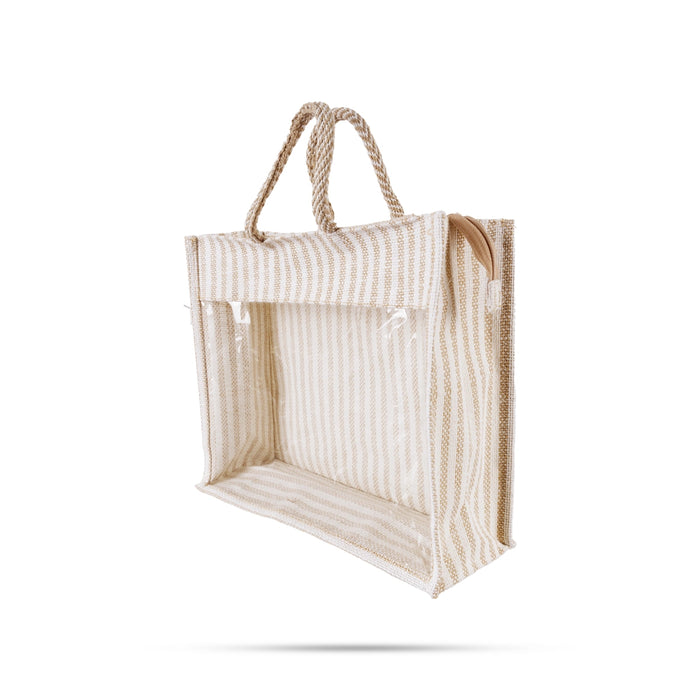 Jute Bag With Zip - 12 x 14 Inches | Transparent Cover Gift Bag/ White Stripes Design Jute Handbag for Wedding - Bags & Pouches