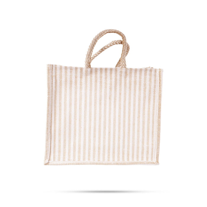 Jute Bag With Zip - 12 x 14 Inches | Transparent Cover Gift Bag/ White Stripes Design Jute Handbag for Wedding - Bags & Pouches