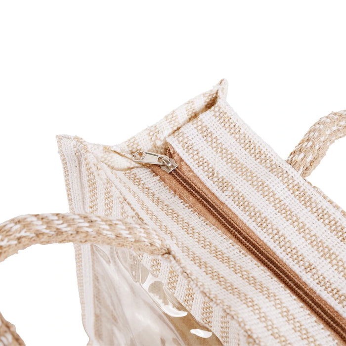 Jute Bag With Zip - 12 x 14 Inches | Transparent Cover Gift Bag/ White Stripes Design Jute Handbag for Wedding - Bags & Pouches