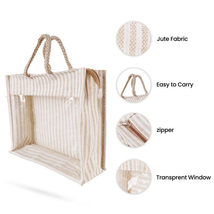 Jute Bag With Zip - 12 x 14 Inches | Transparent Cover Gift Bag/ White Stripes Design Jute Handbag for Wedding - Bags & Pouches