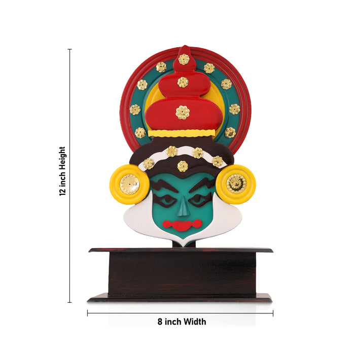 Kathakali Head with Stand - 12 Inches | Wooden Kathakali Face Paint for Wall Decor - Table Stand Accessories