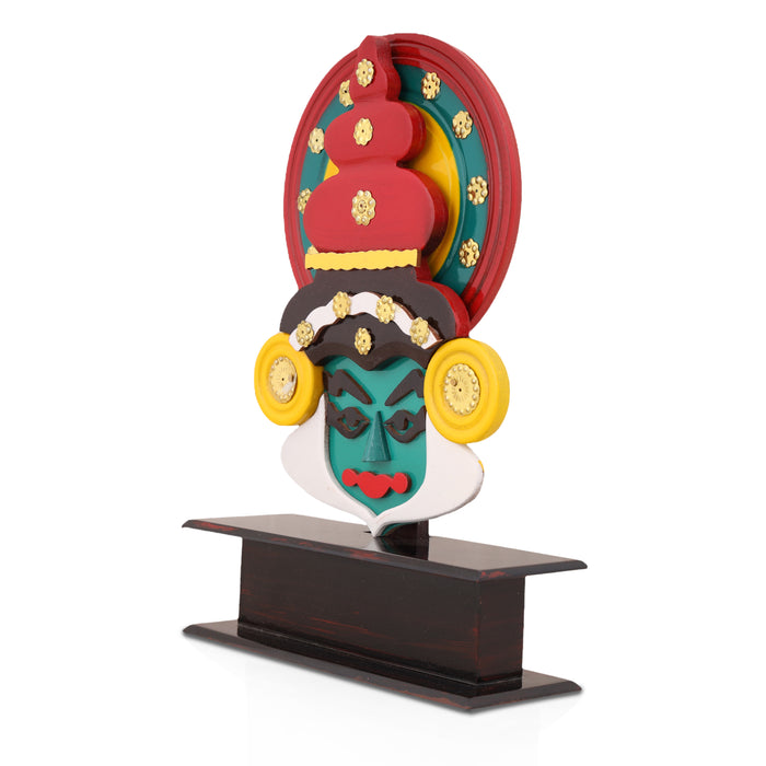 Kathakali Head with Stand - 12 Inches | Wooden Kathakali Face Paint for Wall Decor - Table Stand Accessories
