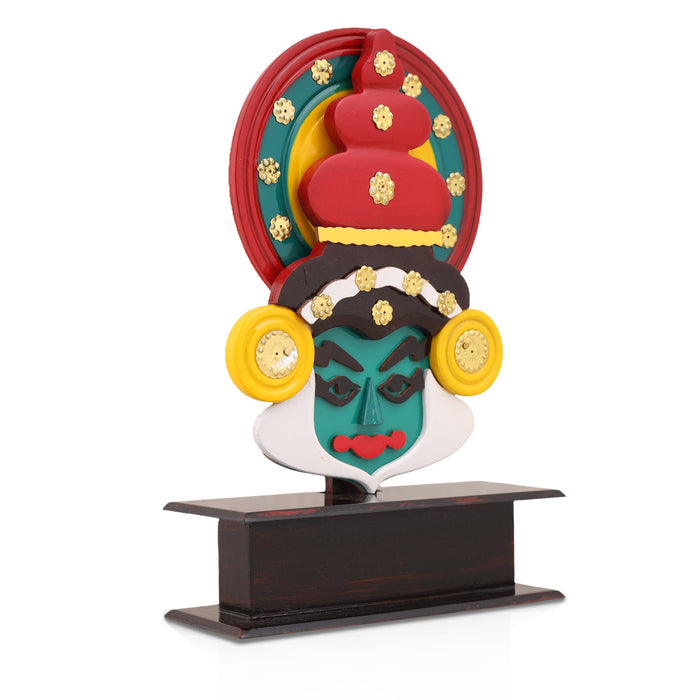 Kathakali Head with Stand - 8 x 6.5 Inches | Wooden Kathakali Face Paint for Wall Decor - Table Stand Accessories