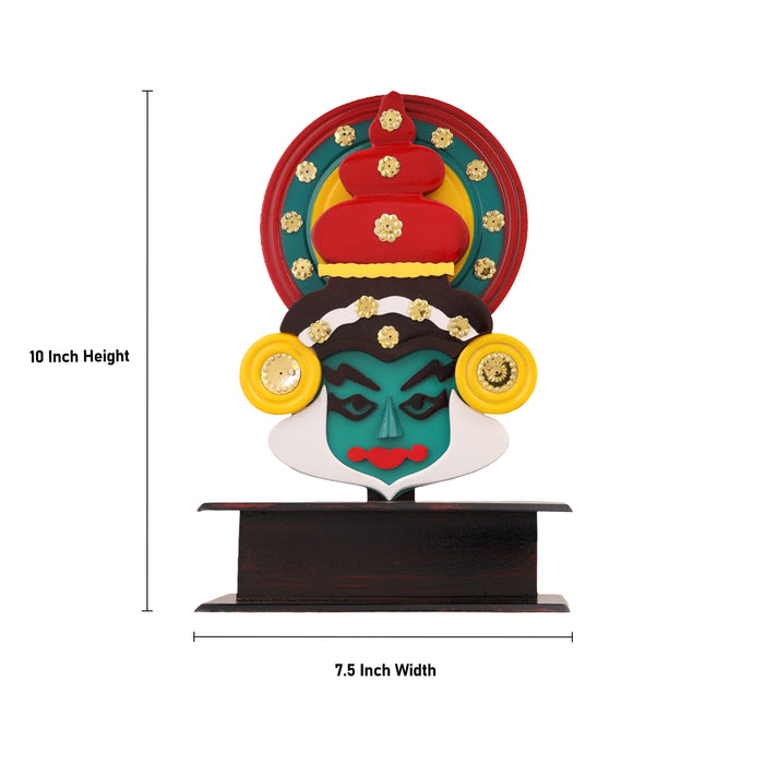 Kathakali Head with Stand - 10 x 7.5 Inches | Wooden Kathakali Face Paint for Wall Decor - Table Stand Accessories