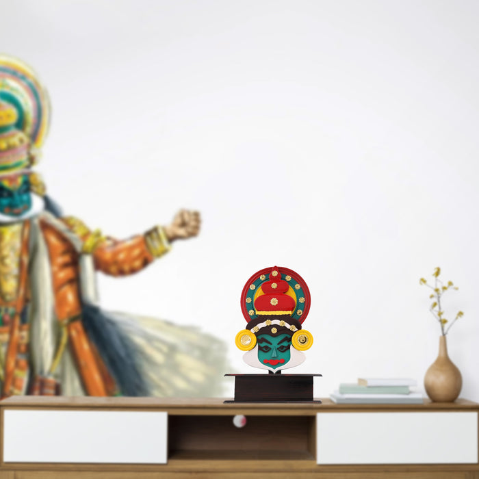 Kathakali Head with Stand - 10 x 7.5 Inches | Wooden Kathakali Face Paint for Wall Decor - Table Stand Accessories
