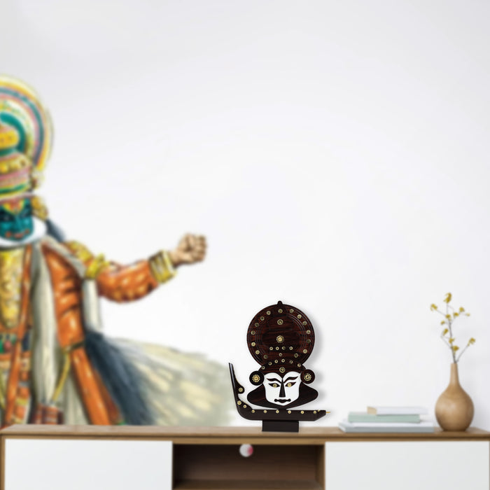 Kathakali Face with Boat Statue  - 12 x 11 Inches | Wooden Kathakali Face/ Kathakali Dancer Face for Home Decor - Table Stand Accessories