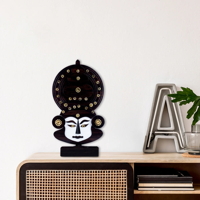 Kathakali Head with Stand - 14 x 7.5 Inches | Wooden Wall Hanging/ Kathakali Carved Face for Home - Table Stand Accessories
