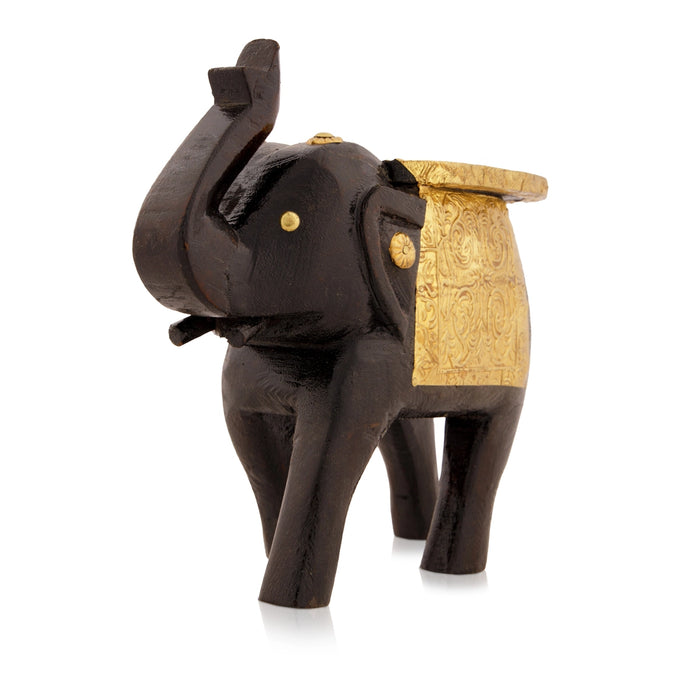 Elephant Statue - 6 x 8 Inches | Wooden Sculpture/ Brass Inlaid Design Elephant Idol for Home Decor