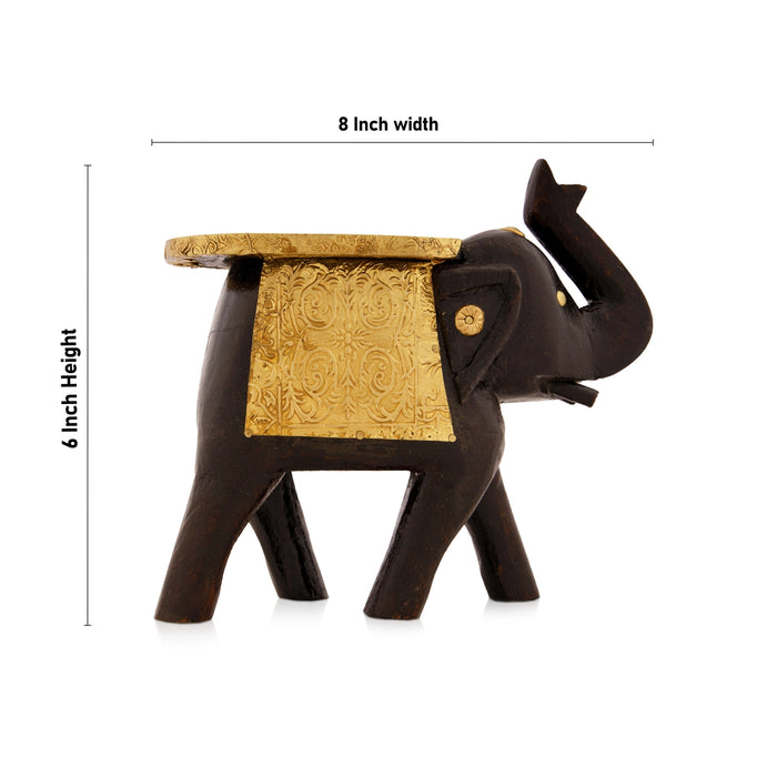 Elephant Statue - 6 x 8 Inches | Wooden Sculpture/ Brass Inlaid Design Elephant Idol for Home Decor - Table Stand Accessories