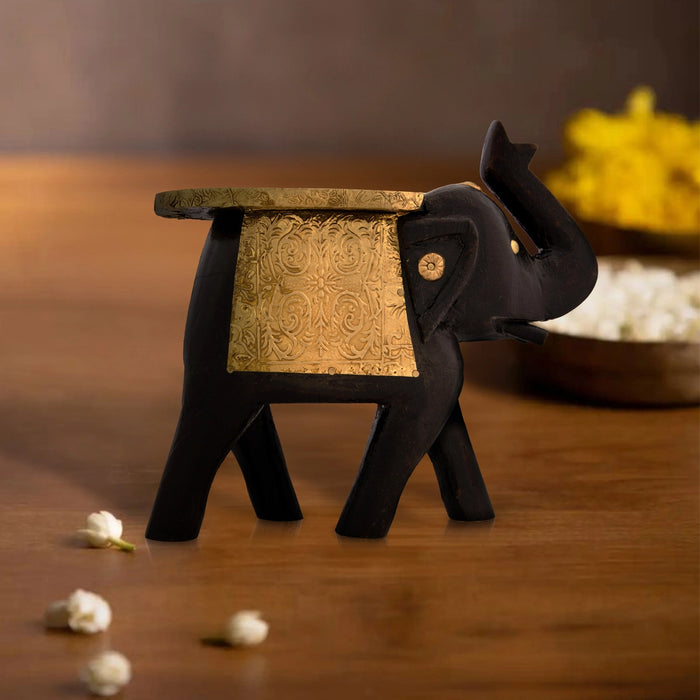 Elephant Statue - 6 x 8 Inches | Wooden Sculpture/ Brass Inlaid Design Elephant Idol for Home Decor - Table Stand Accessories