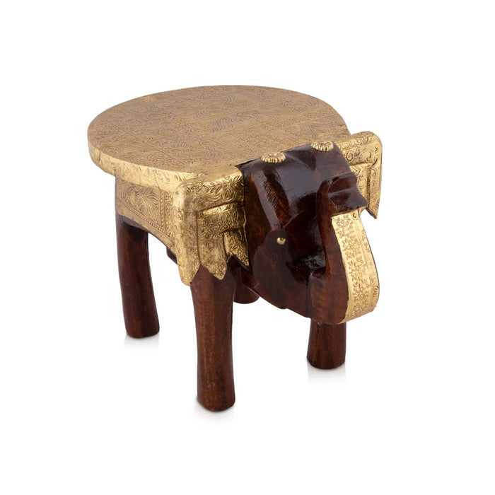 Elephant Stool - 8 x 10 Inches | Wooden Stool/ Brass Polish Decorative Stool for Home