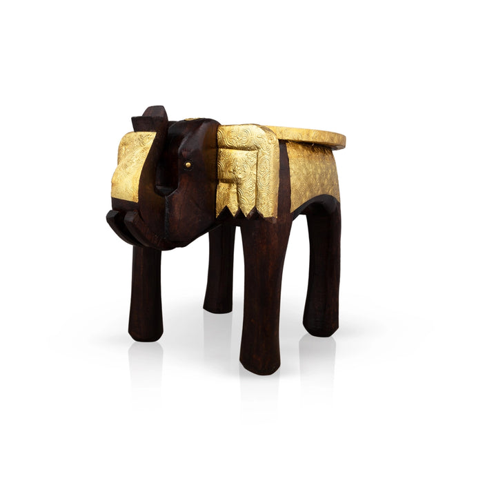 Elephant Stool - 12 X 15 Inches | Wooden Stool/ Brass Sheet Inlaid Decorative Stool For Home Decor - Handicraft Items