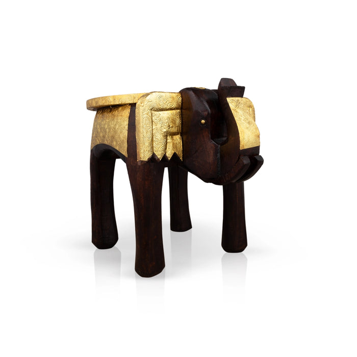 Elephant Stool - 12 X 15 Inches | Wooden Stool/ Brass Sheet Inlaid Decorative Stool For Home Decor - Handicraft Items