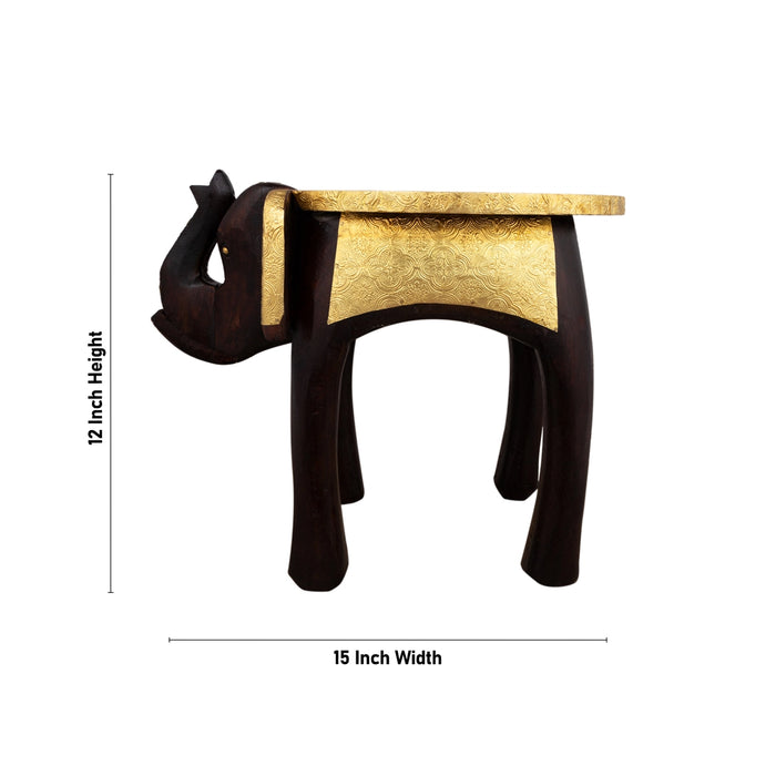 Elephant Stool - 12 X 15 Inches | Wooden Stool/ Brass Sheet Inlaid Decorative Stool For Home Decor - Handicraft Items