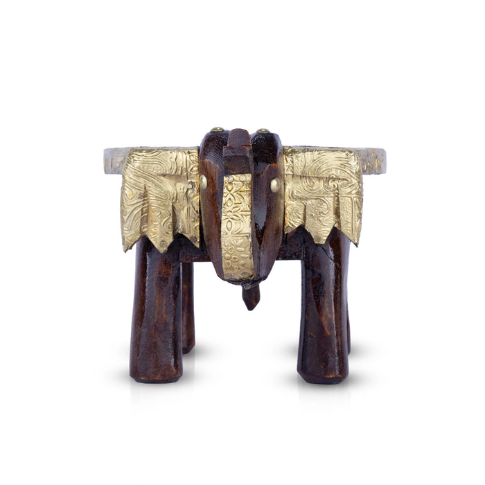 Elephant Stool - 4 x 7 Inches | Wooden Stool/ Brass Sheet Inlaid Decorative Stool For Home Decor
