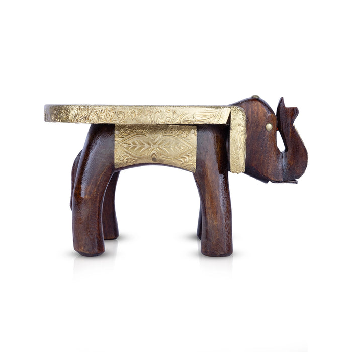 Elephant Stool - 4 x 7 Inches | Wooden Stool/ Brass Sheet Inlaid Decorative Stool For Home Decor