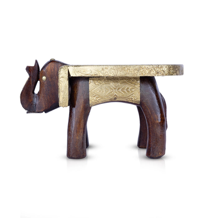 Elephant Stool - 4 x 7 Inches | Wooden Stool/ Brass Sheet Inlaid Decorative Stool For Home Decor