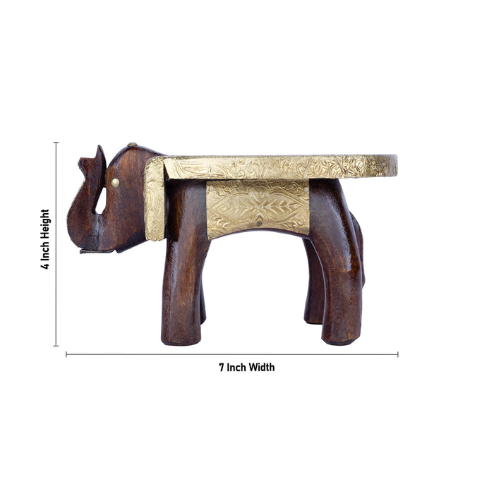 Elephant Stool - 4 x 7 Inches | Wooden Stool/ Brass Sheet Inlaid Decorative Stool For Home Decor