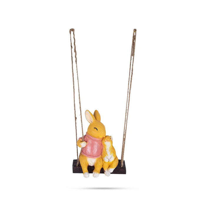 Swing Rabbit Figurine With Child Hanging- 7 X 5.5 Inches | Resin Rabbit Statue/ Rabbit Sculpture For Garden Decor - Gardening
