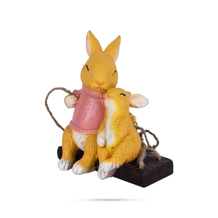 Swing Rabbit Figurine With Child Hanging- 7 X 5.5 Inches | Resin Rabbit Statue/ Rabbit Sculpture For Garden Decor - Gardening
