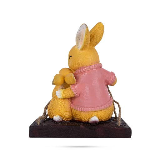 Swing Rabbit Figurine With Child Hanging- 7 X 5.5 Inches | Resin Rabbit Statue/ Rabbit Sculpture For Garden Decor - Gardening