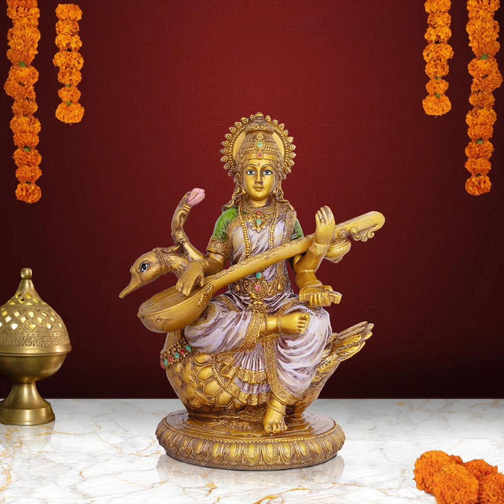 Saraswati Murti - 8.5 x 6 Inches | Saraswati Moorti Sitting On Swan/ Resin Statue for Pooja