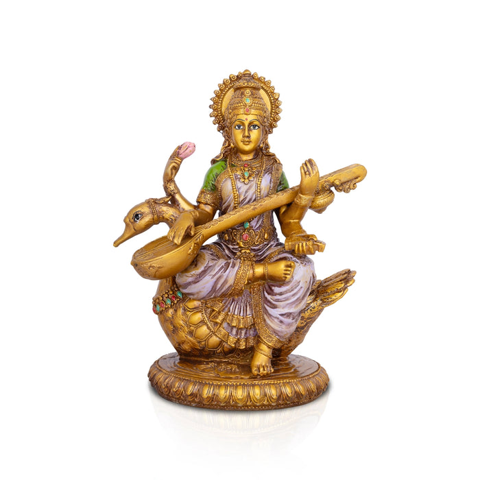 Saraswati Murti - 8.5 x 6 Inches | Saraswati Moorti Sitting On Swan/ Resin Statue for Pooja