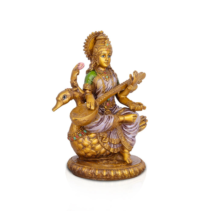 Saraswati Murti - 8.5 x 6 Inches | Saraswati Moorti Sitting On Swan/ Resin Statue for Pooja