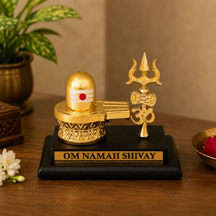 Shivling Trisul - 3.5 x 4 Inches | Resin Pooja Decor/ Lord Shiva Lingam with Trishul & Om Design For Home