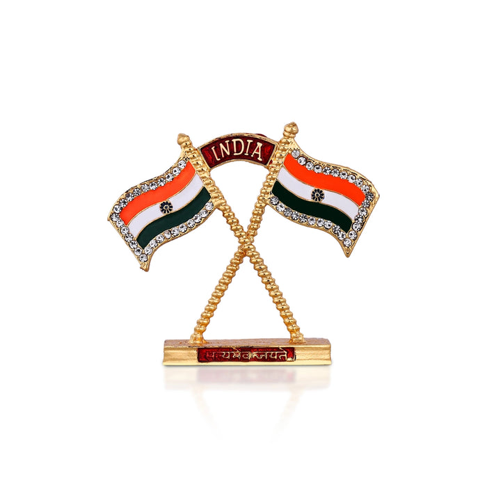 Decorated Indian Flag- 2.5 X 3 Inches | Gold Polish National Flag/ Tricolor Flag For Office Desk & Home Display - Table Stand Accessories