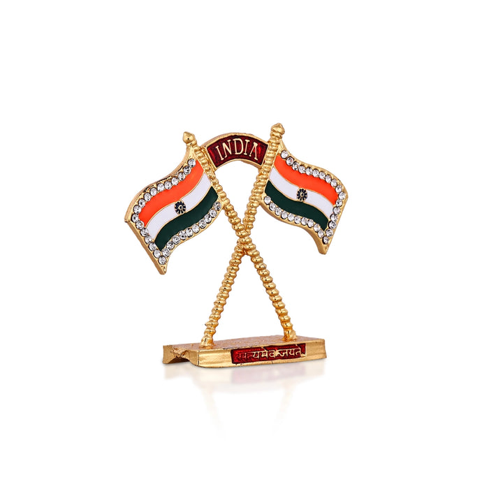Decorated Indian Flag- 2.5 X 3 Inches | Gold Polish National Flag/ Tricolor Flag For Office Desk & Home Display - Table Stand Accessories