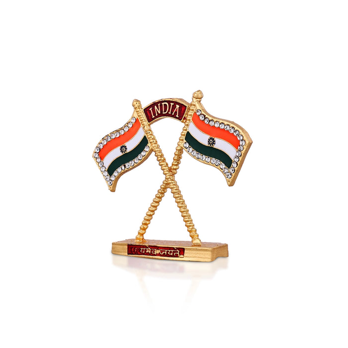 Decorated Indian Flag- 2.5 X 3 Inches | Gold Polish National Flag/ Tricolor Flag For Office Desk & Home Display - Table Stand Accessories