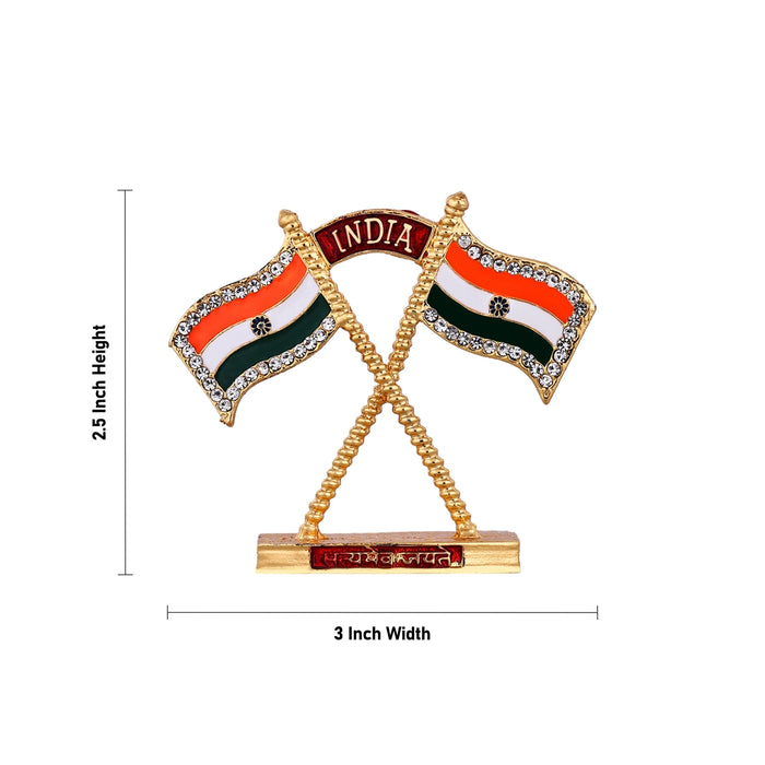 Decorated Indian Flag- 2.5 X 3 Inches | Gold Polish National Flag/ Tricolor Flag For Office Desk & Home Display - Table Stand Accessories