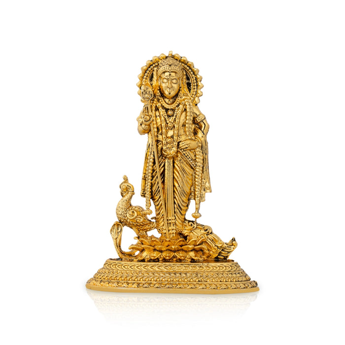 Murugan Statue With Peacock Standing On Base - 2.5 x 1.75 Inches | Metal & Gold Polish Murugan Silai for Home - Gold Polish Murties