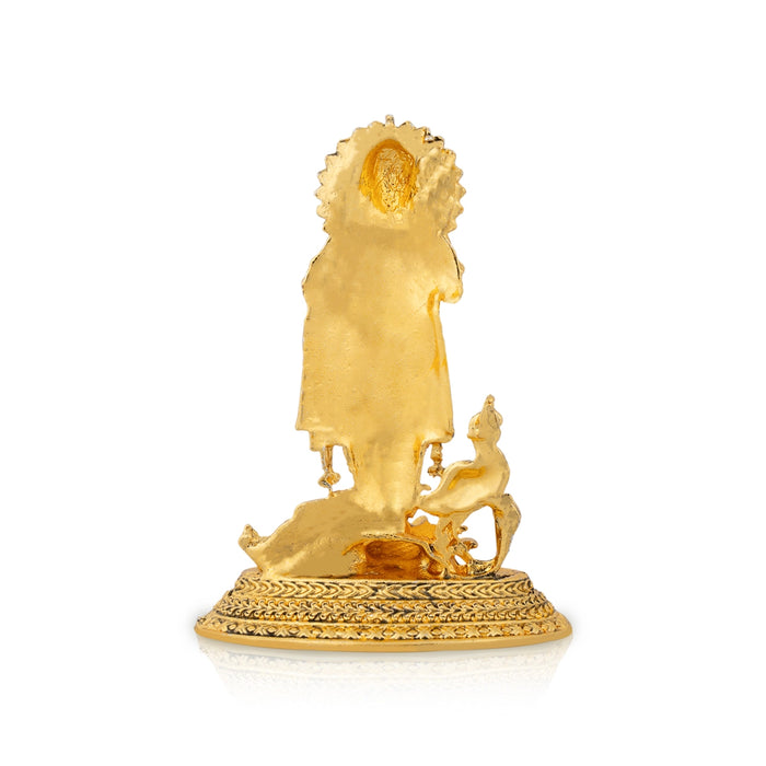 Murugan Statue With Peacock Standing On Base - 2.5 x 1.75 Inches | Metal & Gold Polish Murugan Silai for Home - Gold Polish Murties