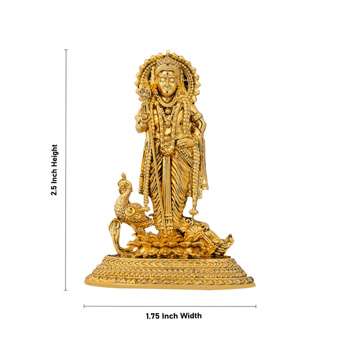 Murugan Statue With Peacock Standing On Base - 2.5 x 1.75 Inches | Metal & Gold Polish Murugan Silai for Home - Gold Polish Murties