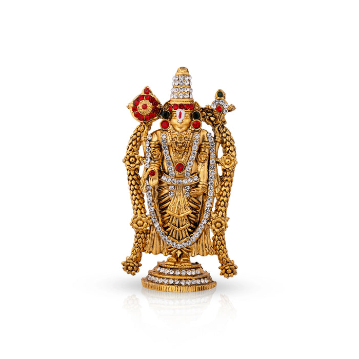 Balaji Murti Standing On Base - 3 x 1.5 Inches | Metal & Antique Gold Polish Perumal Statue for Home& Car Decor - Gold Polish Murties