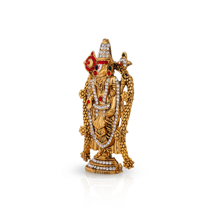 Balaji Murti Standing On Base - 3 x 1.5 Inches | Metal & Antique Gold Polish Perumal Statue for Home& Car Decor - Gold Polish Murties