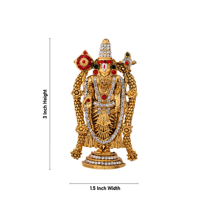 Balaji Murti Standing On Base - 3 x 1.5 Inches | Metal & Antique Gold Polish Perumal Statue for Home& Car Decor - Gold Polish Murties