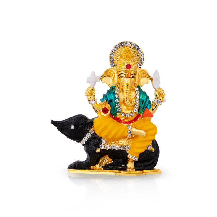 Ganesh Murti Sitting On Mouse - 3 x 2.5 Inches | Metal Ganpati Murti/Stone& Coloured Ganpati Idol for Table Top - Aluminium Murties