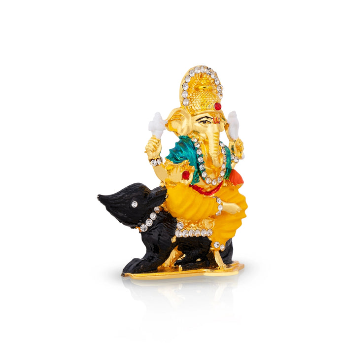Ganesh Murti Sitting On Mouse - 3 x 2.5 Inches | Metal Ganpati Murti/Stone& Coloured Ganpati Idol for Table Top - Aluminium Murties