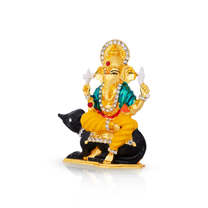 Ganesh Murti Sitting On Mouse - 3 x 2.5 Inches | Metal Ganpati Murti/Stone& Coloured Ganpati Idol for Table Top - Aluminium Murties
