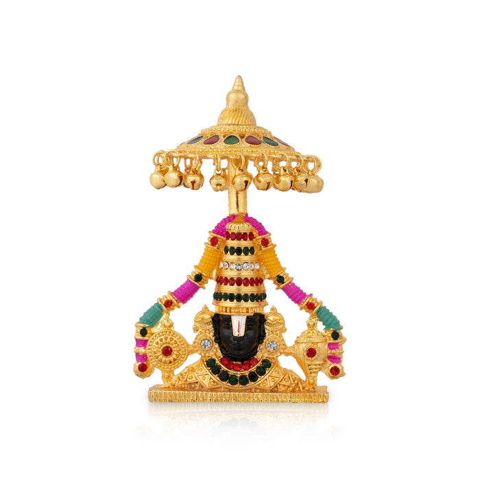 Balaji Murti With Umbrella - 4.5 x 2.75 Inches | Metal Balaji Idol/ Stone & Gold Polish Perumal Idol for Home - Car Stand & Car Accessories