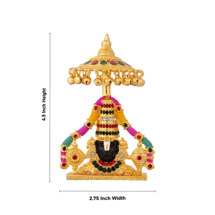 Balaji Murti With Umbrella - 4.5 x 2.75 Inches | Metal Balaji Idol/ Stone & Gold Polish Perumal Idol for Home - Car Stand & Car Accessories