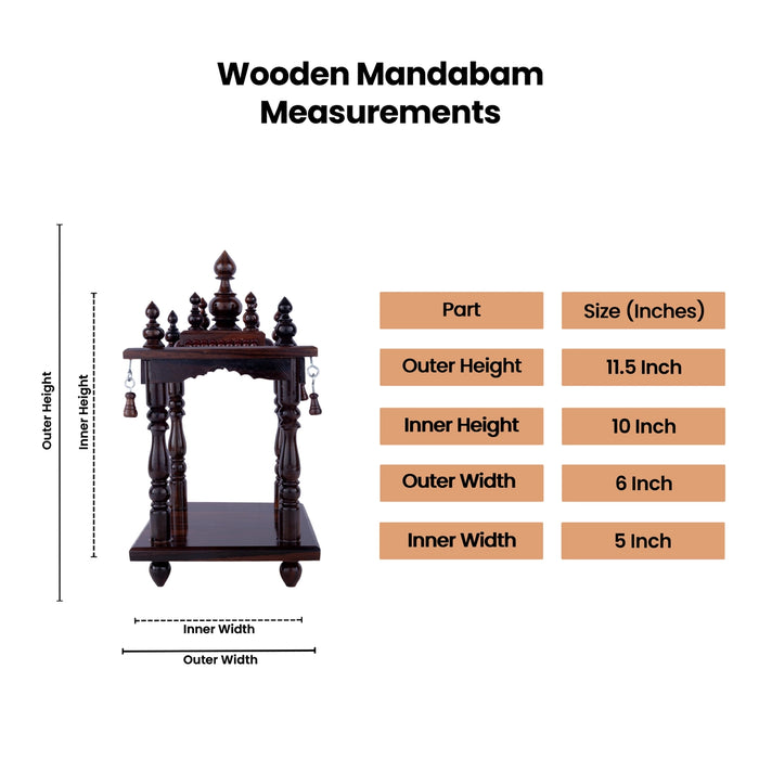 Pooja Mandir With Base - 11.5 x 10 x 6 x 5 Inches | Puja Stand/ Mandapam/ Wooden Temple For Home And Pooja Room